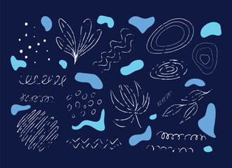 Handdrawn elements set for design in the beauty. A collection of abstract shapes, individual ink dots, circles, plants, stripes on a dark background. 