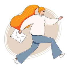 A young woman running with a letter in an envelope in her hands. Hand-drawn newsletter concept