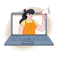 A young woman from a laptop talking into a megaphone. Newsletter or advertisement concept. 