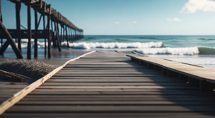 panoramic seascape view with deserted rustic wooden pier stretching out into the ocean created with generative ai