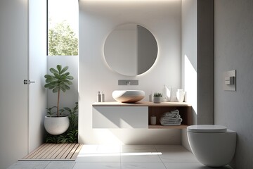 a sleek, modern bathroom with a round white wash basin and minimalist finishes, created with generative ai