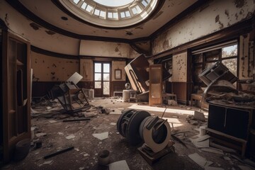 deserted observatory with telescopes and other instruments strewn about the floor, created with generative ai
