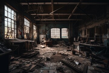 abandoned factory with broken windows and rusty equipment scattered across the floor, created with generative ai