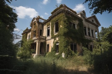 Fototapeta na wymiar a once-grand mansion, now broken and overgrown with vines, created with generative ai