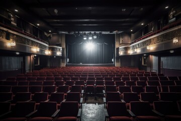 a deserted theater, with a spotlight shining on the stage and rows of seats in the audience, created with generative ai