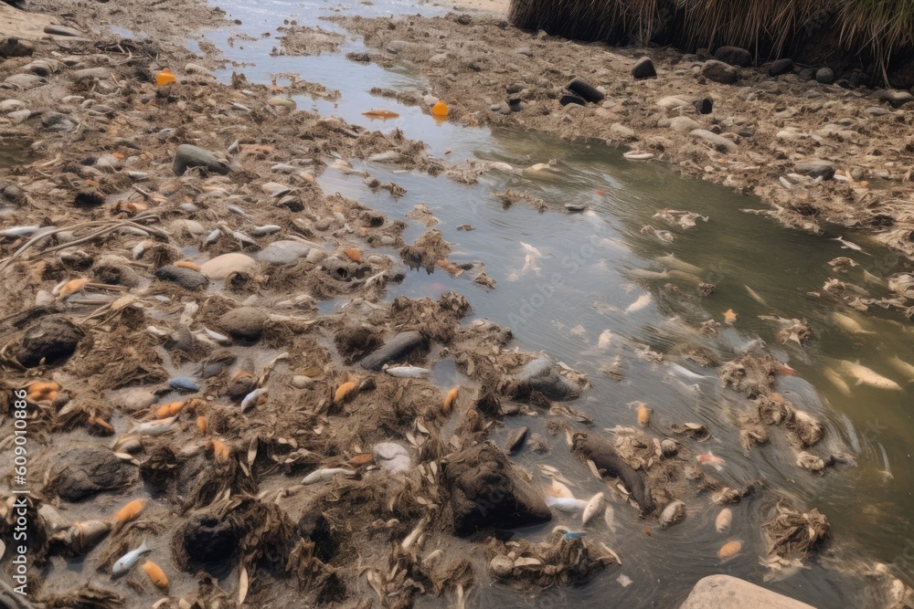 Sticker close-up of shallow riverbed overflowing with runoff, fish swimming among the debris, created with generative ai