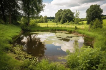 Fototapeta na wymiar farm pond surrounded by lush greenery, with runoff visible in the water, created with generative ai