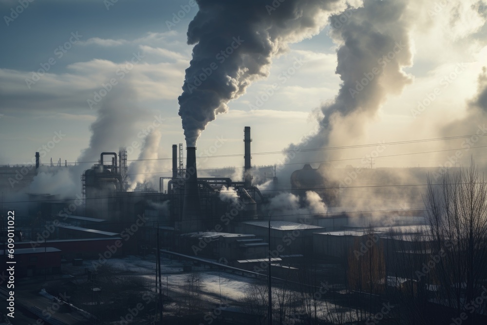 Sticker factory, with visible smoke and steam rising from the chimneys, polluting the air, created with generative ai