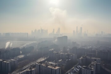 air pollution from industrial process visible in the sky, with view of modern cityscape, created with generative ai