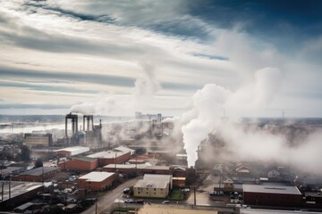 pollutant cloud hanging over industrial town, with smokestacks in the background, created with generative ai