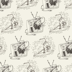 Seamless pattern with retro tv and man surfing in the sea
