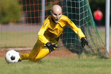 alien athlete narrowly missing the goal in a soccer game, created with generative ai