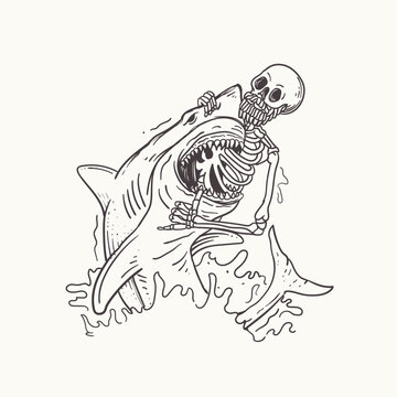Vector illustration of skeleton and shark. Hand drawn doodle style
