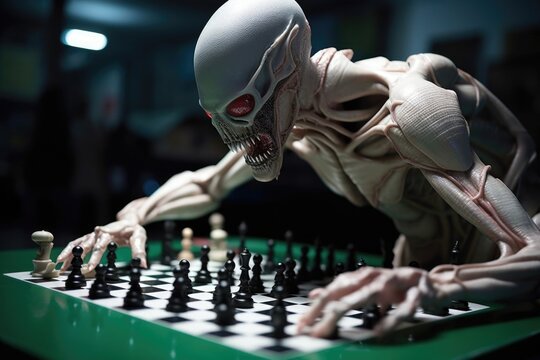 alien athlete competing in high-stakes game of chess, created with generative ai