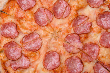 Tasty fresh pizza with salami, cheese, tomatoes, spices and salt
