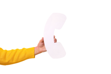 Hand holding symbol of telephone receiver isolated on transparent background, communication concept