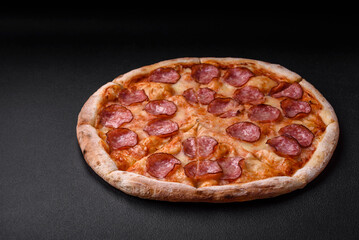 Tasty fresh pizza with salami, cheese, tomatoes, spices and salt