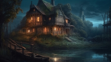 House on the lake wallpapers and images.generative ai
