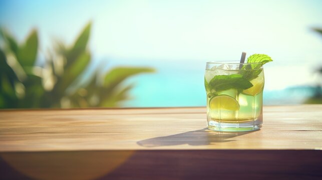 Mojito cocktail on tropical beach, Generative AI