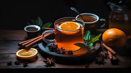 Cup of tea with lemon and cinnamon, Generative AI