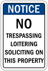 No soliciting warning sign and labels no trespassing loitering soliciting on this property