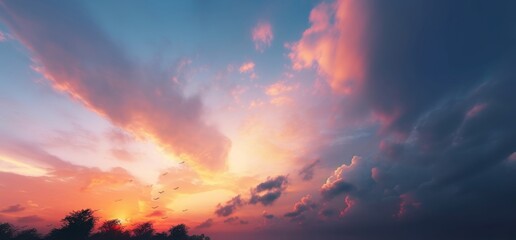 Background of colorful sky concept: Dramatic sunset with twilight color sky and clouds, Generative AI