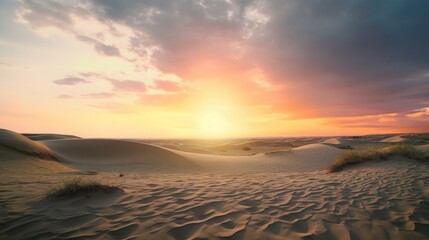Fototapeta na wymiar Global warming concept： sand dunes under dramatic evening sunset sky at drought desert landscape, Generative AI