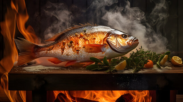 A captivating image of a succulent fish grilling over an open flame. Generated AI