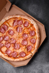 Tasty fresh pizza with salami, cheese, tomatoes, spices and salt