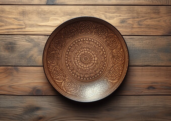 top view empty ceramic plate on wooden background. Generative Ai