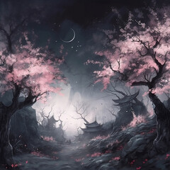 Dark garden of sakura blossoms, illustration, Generative AI