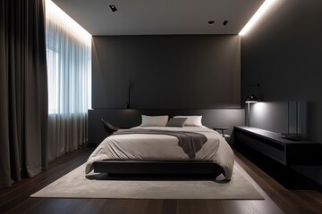 minimalist bedroom with dramatic overhead lighting and sleek surfaces, created with generative ai