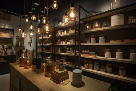 demonstration of creative lighting ideas in store or business setting, with products and merchandise on display, created with generative ai