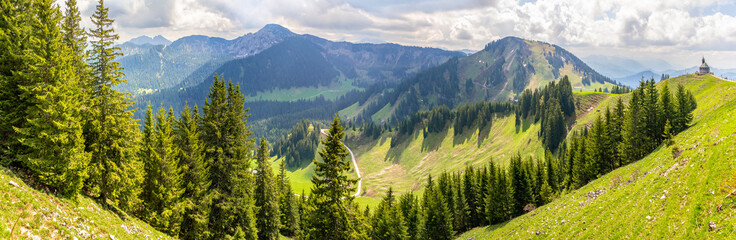 View from the Wallberg mountain in the German Alps. Panorama