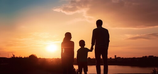 Global Day of Parents concept: Parents watching the sunset with their children, Generative AI