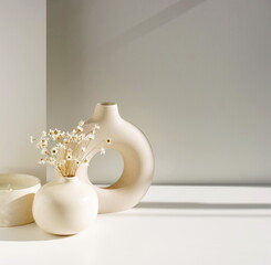 Modern beige ceramic vases  with dry daisy flowers and sunlight shadow on white table near gray wall.Copy space, Minimal Scandinavian interior accessories. 