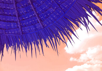 Surreal Style Pop Art of Royal Blue Thatched Beach Umbrella on Peach Pink Sky Background