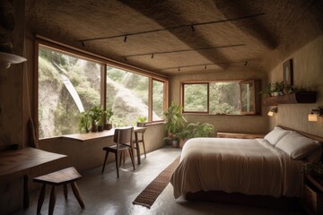 room with eco-friendly decor, featuring unique furniture and natural lighting, created with generative ai