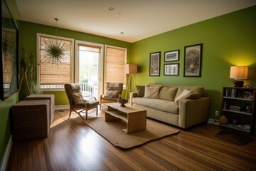 Naklejka na ściany i meble green living room with bamboo floor, natural lighting & eco-friendly furniture, created with generative ai