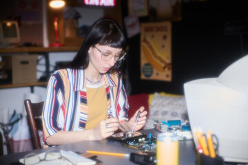 Concentrated young woman using work tools while working with computer mainboard at table