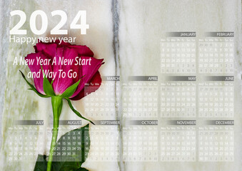 pink rose flower on marble background with 2024 year calendar