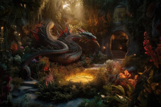 fantasy garden with dragon and wizard, symbolizing the magical power of fire, created with generative ai