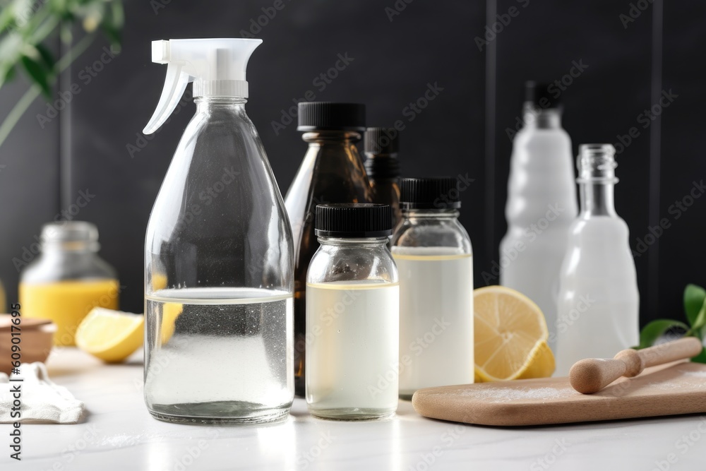 Wall mural homemade cleaning products in glass bottle with dropper for easy use, created with generative ai