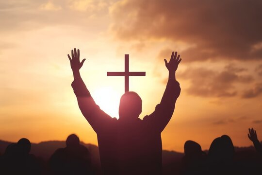 Easter and Good Friday concept,Silhouette human raising hand to praying God on blurred cross  sunset background, Generative AI