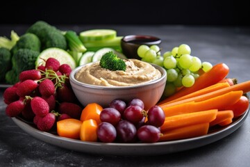 plate of raw fruits and vegetables, with a side of hummus dip, created with generative ai