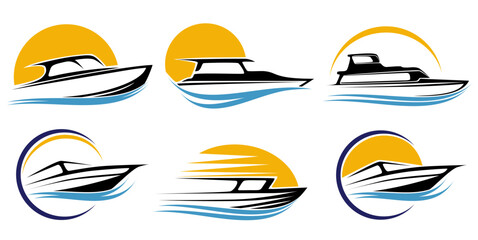 Set speedboat logo icon. Boat shining sun symbol design vector illustration	 - obrazy, fototapety, plakaty