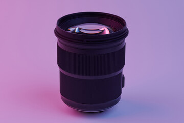 camera lens closeup isolated on white background in pink lilac neon light