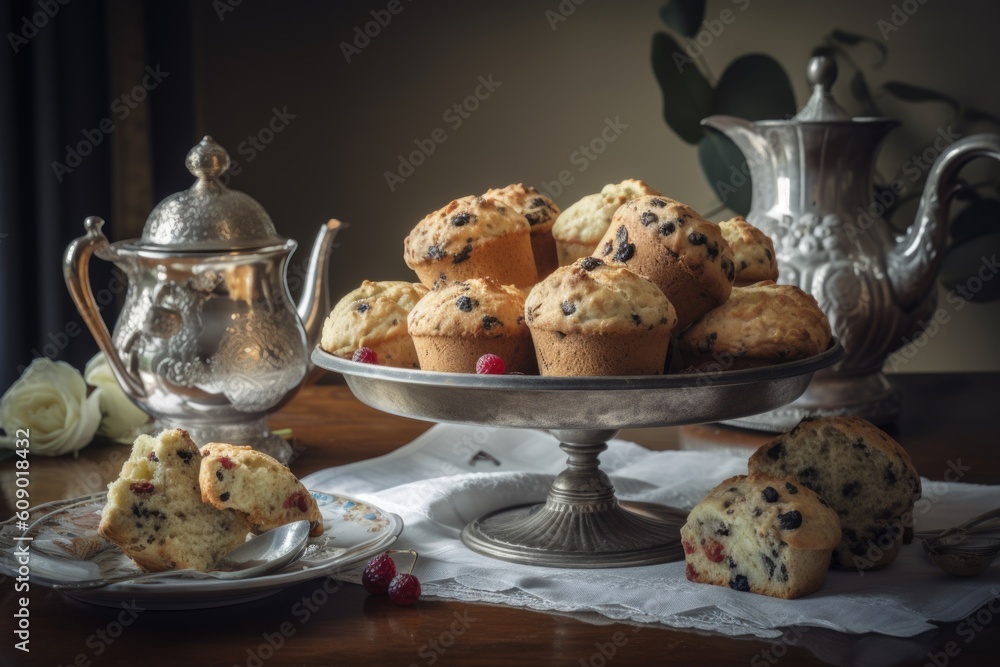 Poster cake stand filled with muffins and scones, surrounded by tea service, created with generative ai