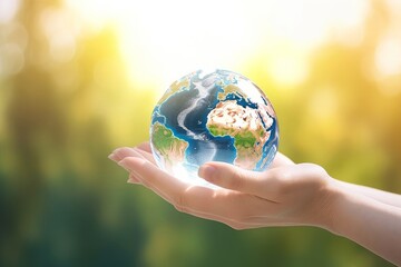 earth day concept, Human hands holding earth global on blurred nature background. Elements of this image furnished by NASA, Generative AI