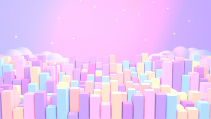 3d rendered soft pastel colorful cuboids with clouds and stars in the sky.
